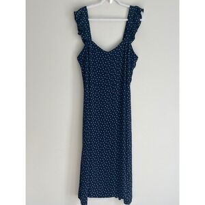 LOFT Navy Blue White Polka Dot Ruffle Strap Midi Dress Nautical Size 18 NWT